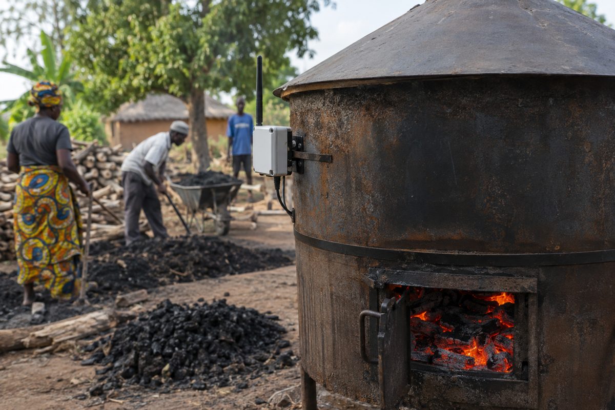 Biochar kiln fitted with a wireless monitoring sensor